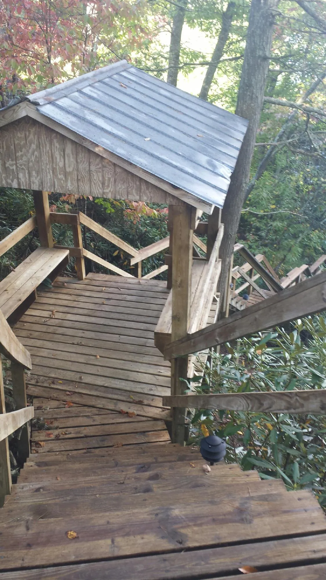 Metal roofed shelter over wooden steps on a wooded walkway — Skylight Repair & Installation work by our crew in Chadwick